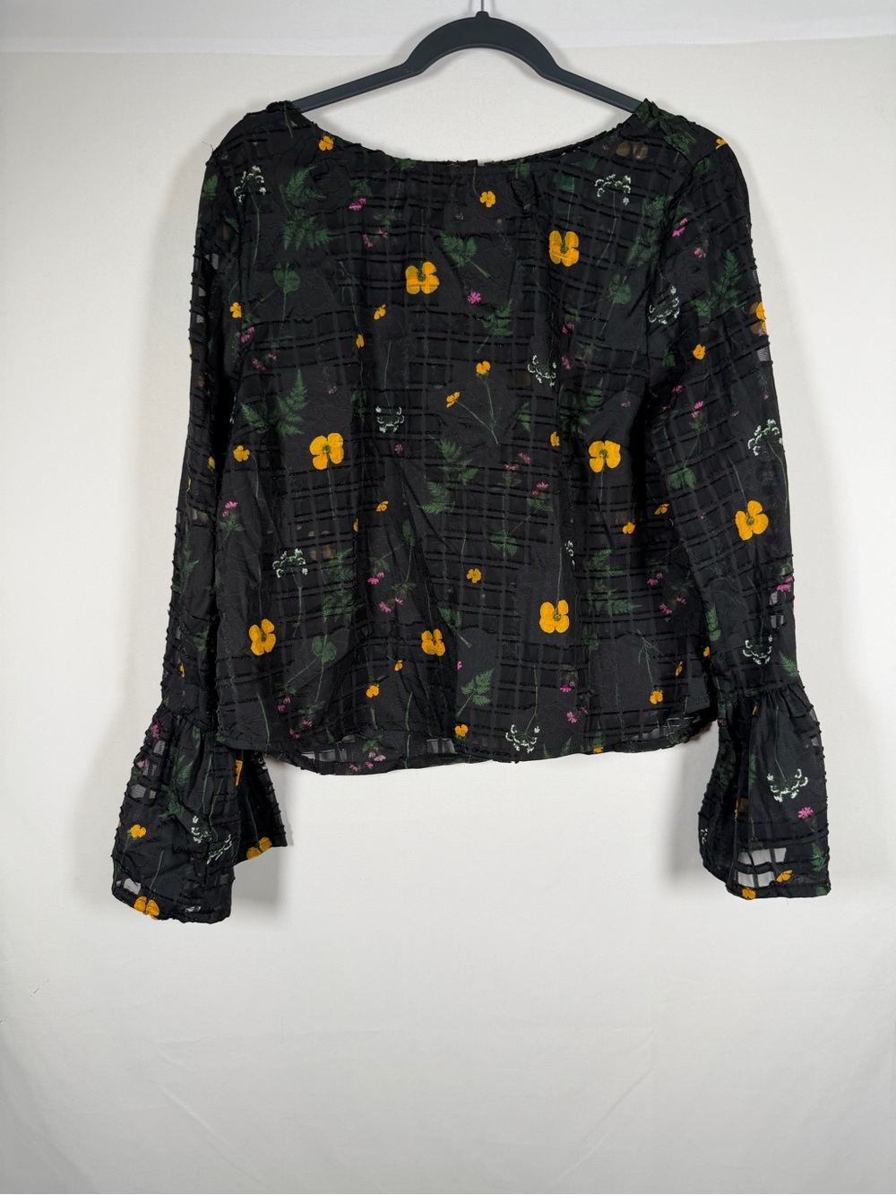 Dark Fairy Boho Floral Textured Long-Sleeve Blouse with Flare Sleeves Cottage